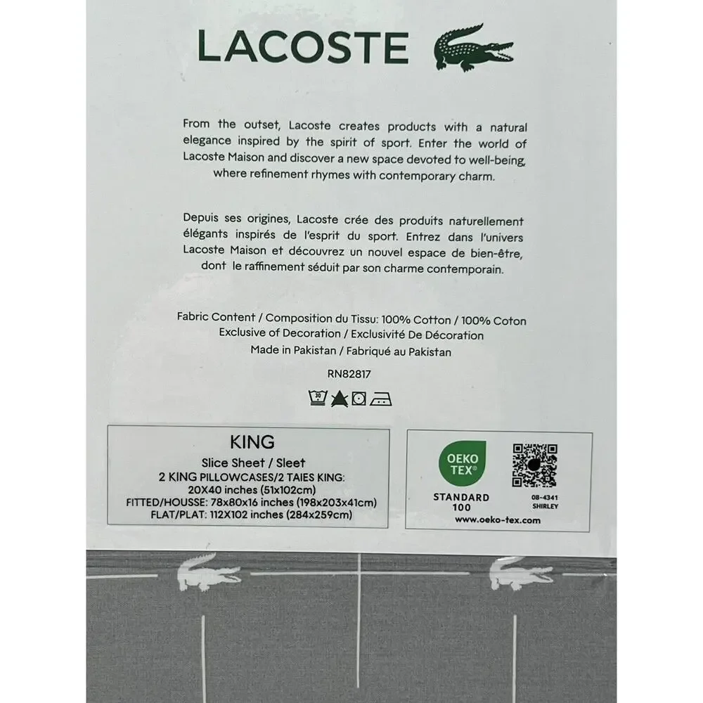 Lacoste KING Sheet Set Grey Steel All Cotton Percale SLICE Crocodile Logo